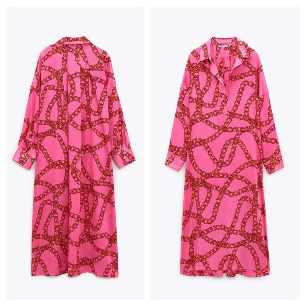 ZARA CHAIN PRINT SATIN OVERSIZED PINK TUNIC DRESS NWT
